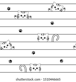Seamless pattern with cat kitten and line on white background, flat design for print. vector illustration