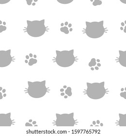 Seamless pattern of cat kitten and paw prints on white background vector illustration. cute cartoon character.