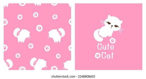 Seamless pattern with cat kitten and paw print on pink background. Cute white cat cartoon and hand drawn fonts vector illustration.