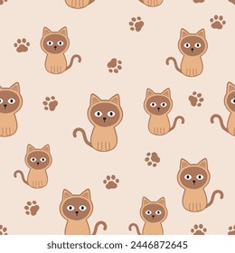 Seamless pattern with cat kitten and paw print on brown background vector.