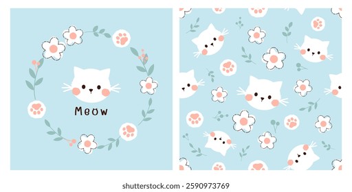 Seamless pattern with cat kitten, paw print, daisy flower and branch on blue background vector.