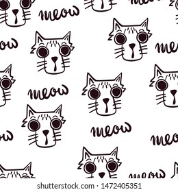 Seamless pattern with cat and lettering meow. Background for textiles, fabrics, web, clothes, teen, wrapping paper and other design.