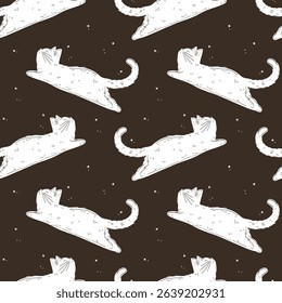 Seamless pattern. Cat lies. Dark background. Silhouette and contour