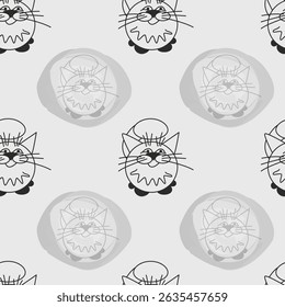 Seamless pattern with a cat. Light gray background. Outline drawing. Monochrome