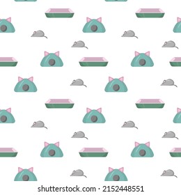 Seamless pattern with cat litter tray and cat houses. vector illustration. for a pet shop