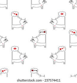 Seamless pattern with Cat in Love for Happy Valentine's Day. Cute vector background for holidays. Comic book.