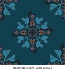 Seamless Pattern. Cat Mandala. Cute. Turquoise blue and Brown colors. Vector illustration.