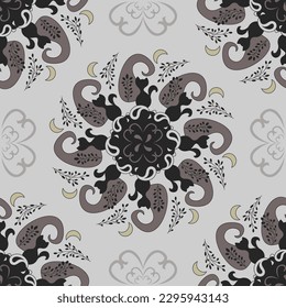 Nahtloses Muster. Katze Mandala mit Mond und Lavendel. Vektorgrafik.