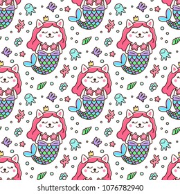 Seamless pattern with cat mermaid, with tail of a mermaid, crown, pearl, shell, coral, octopus and starfish. It can be used for packaging, wrapping paper, textile and etc. 