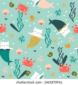 Seamless pattern with cat mermaid under water. Cute kids textile print. Vector hand drawn illustration.