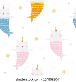 Seamless pattern with cat mermaid and unicorns horn. Childish fashion print. Vector hand drawn illustration.