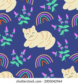 Seamless pattern with a cat with mint flowers and arcs on a blue background. Print for children.