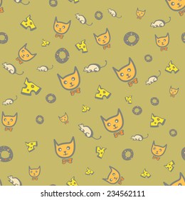 Seamless pattern with cat, mouse, cheese and bagels in beige tones