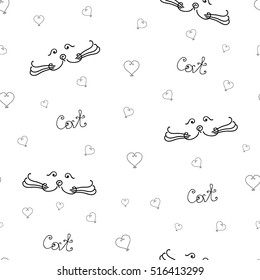 Seamless pattern of cat muzzle. Cat love pattern. Black contours on a white background. Cat lettering. Hand drawing curl cats face. Vector illustration of cat. Love cat background.