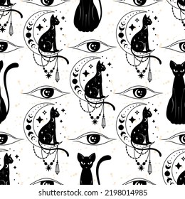 Seamless pattern with a cat. Mystical pattern. Black cat, halloween, Sun, stars, moon, moon phases. Vector.