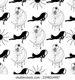 Seamless pattern with a cat. Mystical pattern. Black cat, halloween, Sun, stars, moon, moon phases. Vector.