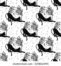 Seamless pattern with a cat. Mystical pattern. Black cat, halloween, Sun, stars, moon, moon phases. Vector.