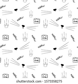 Seamless pattern with cat nose, whiskers and hand lettered text Meow. Vector illustration.