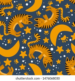 seamless pattern with cat on a background of the starry sky and moon - vector illustration, eps