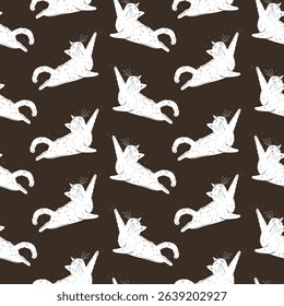 Seamless pattern with a cat on a dark background. Silhouette and outline. Cat with an outstretched paw