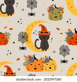  seamless pattern with cat on the moon and pumpkins