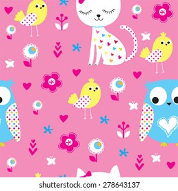 seamless pattern with cat and owl vector illustration