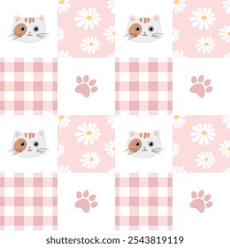 Seamless pattern with cat, paw and flowers on a checkered background. Baby background in a pastel palette. Perfect for for wrapping paper, clothes, textiles.