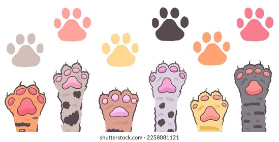 Seamless pattern with cat paw up and footprint