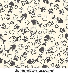 Seamless pattern with cat paw prints, fish bone, and hearts. Endless background. Vector illustration