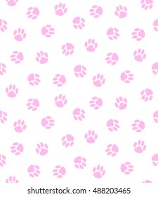 Seamless pattern of cat paw tracks, cute pink footprints on a white background, print for textiles, wallpaper, background, vector EPS 8