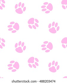 Seamless pattern of cat paw tracks, cute pink footprints on a white background, print for textiles, wallpaper, background, vector EPS 8