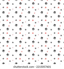 Seamless pattern cat paws footprint with heart design background for wallpaper, wrapping, paper, fabric. Vector illustration.