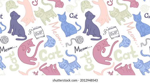 seamless pattern with cat paws or footprints, the word cat. Use for cat salons, veterinary clinics, an element for design