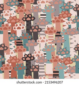 Seamless pattern of cat paws. Funny background for textile, wallpaper, pattern fills, covers, surface, print, wrap, scrapbooking, decoupage