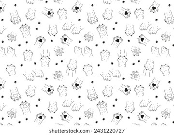 Seamless pattern Cat paws.doodle footprints of kitty. Vector illustration of animals paws for textiles.