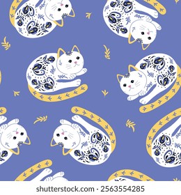 Seamless pattern with a cat and Petrykivka pattern Vector