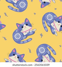  Seamless pattern with a cat and Petrykivka pattern Vector