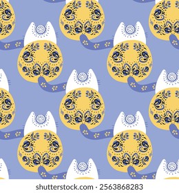  Seamless pattern with a cat and Petrykivka pattern Vector