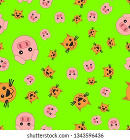 Seamless pattern of cat and pig heads. Vector illustration in cartoon style on a colored background.