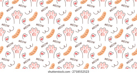Seamless pattern with cat pink paws, sausages, and hearts. Design for packaging cat food, pet textiles, or cute baby products. Minimalistic graphic pattern for cat lovers.