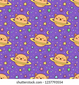 Seamless pattern with cat planet and stars, moon on a violet background. It can be used for packaging, wrapping paper, textile and etc. Excellent print for children's clothes, bed linens, etc.