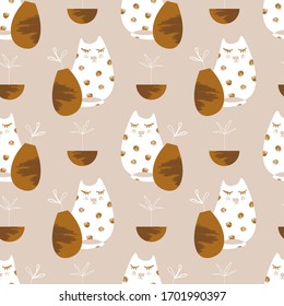 Seamless pattern with cat and plants. Digital paper in vector. Doodle childish style.