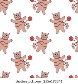 Seamless Pattern. Cat play with ball of thread. Cute flat illustration.