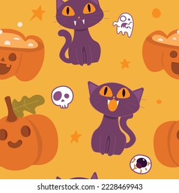 Seamless pattern cat and pumpkin for Autumn and Halloween.