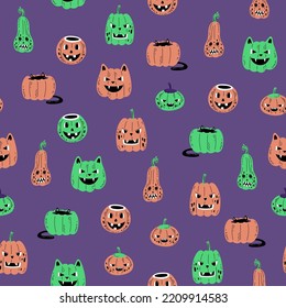 Seamless pattern with cat pumpkins. Happy halloween design