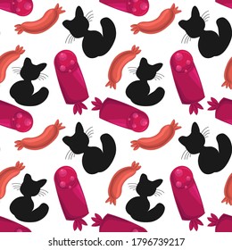 Seamless pattern with cat and sausage