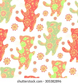 Seamless pattern with cat silhouette and flowers inside it. 