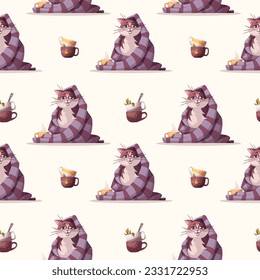 Motif harmonieux de chat assis avec une couverture et une tasse de thé. Animal de compagnie, chaton, vie domestique, concept animal. Illustration vectorielle.