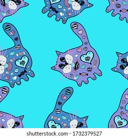 Seamless pattern cat sitting zentangle stylized, vector, illustration, pattern, freehand pencil, hand drawn. Vector illustration. Illustration in blue, black and gray colors. Zen art. Lace. Ornate.