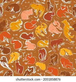 Seamless pattern cat. Sketch freehand drawing doodle lines Scandinavian style grunge texture. Nursery decor trend Gift wrap, fabrics, wallpapers, white brown Sepia Rust orange pink background. Vector